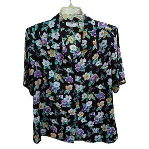 Vintage 90s Worthington Pretty‎ Floral Blouse Button Down Short Sleeve - Size 12